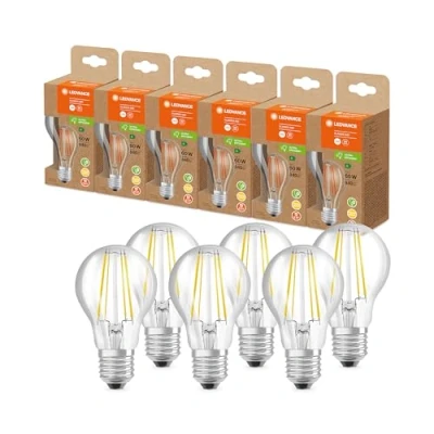 Imagen de LEDVANCE Lámpara LED de ahorro energía, bombilla filamento vidrio, E27, blanco cálido (3000K), 4 vatios, sustituye a la 60W, muy eficiente y bajo consumo, paquete 6