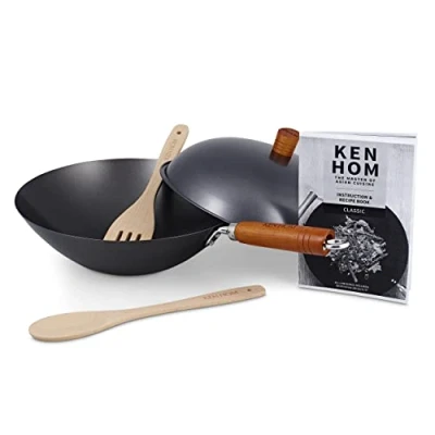 Imagen de Ken Hom Wok Set 5 Piezas Acero Carbono Antiadherente, 31cm, Classic, Sartén Sin Inducción/Con Mango de Madera/Base Plana, No Apto Para Lavavajillas, 2 Años Garantía, KH331051