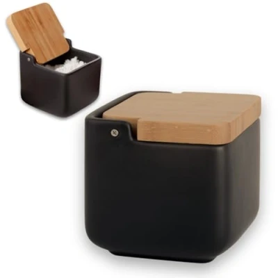 Imagen de Kook Time salero de cocina con tapa madera bambú basculante. negro moderno base cerámica mate para usar como y azucarero o especieros, 11.5 x cm.