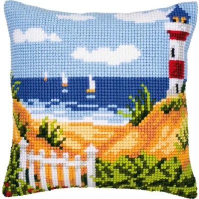 Imagen de Vervaco Punto De Cruz Kit Cojin Decorativo LA PLAYA CON FARO Manualidades Adultos Decoracion Bordar Principiantes Completo DIY Bordado Creativo Regalo ca. 40x40 cm Cross Stitch Embroidery