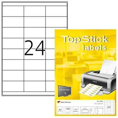 Imagen de TopStick 8792 Etiquetas universales A4, paquete de 10 (70 x 33,8 mm, 1000 hojas, papel, mate) autoadhesivas, imprimible, pegatinas dirección permanentes, 24000 adhesivos blancas