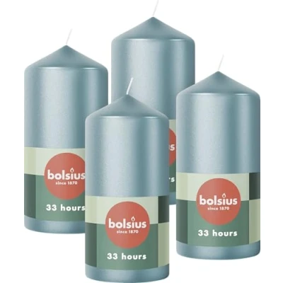 Imagen de Bolsius Pillar Candles Velas decorativas para el hogar (4 unidades, 12 x 6 cm, 33 horas de combustión, sin aceite palma), color azul metálico