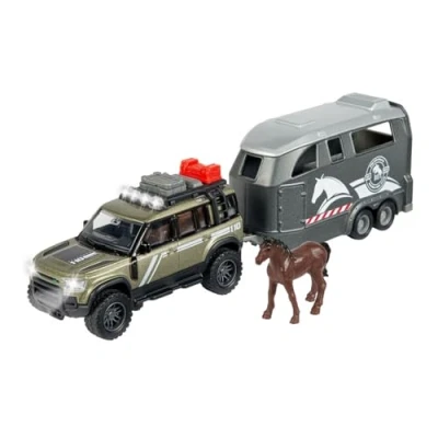Imagen de Majorette Grand Series, Land Rover Defender con Remolque para Caballos, 25cm, Escala 1:43, Fabricado en Metal y Plástico, Luz Sonido (213776000)