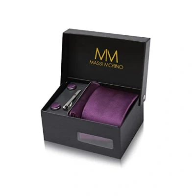 Imagen de Massi Morino Corbatas de hombre Morado Oscuro y pañuelos con gemelos, clip corbata set Violeta Accesorio traje modernas para boda