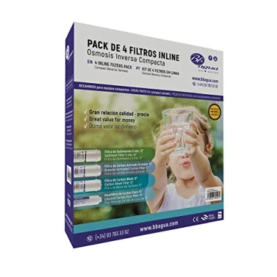 Imagen de Kit de 4 Filtros Inline 12&quot; para Equipos Osmosis Inversa Compactas. 1 Filtro Sedimentos, Carbón Activado, Block y Post Coco. Bbagua