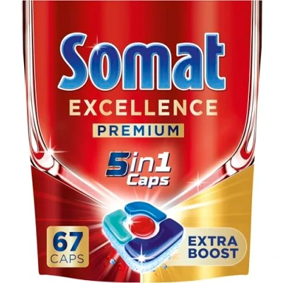 Imagen de Somat Excellence Premium 5 en 1 Caps (67 Caps), pastillas para lavavajillas de liberación rápida con Extra Boost, eliminan incluso 72 h restos comida secos y persistentes