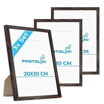 Imagen de PHOTOLINI marcos 20x30 cm madera MDF roble oscuro, set de 3 para pósteres, cristal acrílico, colgar y poner pie, incluye accesorios fotos, láminas pósteres