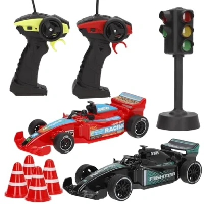 Imagen de ColorBaby 39007 Speed &amp; Go Set 2 Coches Carreras teledirigidos, F1, con semáforo y Conos, Luz Sonido, Mandos 27 MHz, Escala 1/20, Control Remoto, Radiocontrol niño, para niños, +4 años