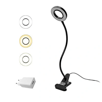 Imagen de lámpara LED de lectura con cuello cisne, sujeción para el cuidado los ojos, brillo y temperatura color ajustables, oficina, doméstico, adaptador CE incluido, 7W, negro