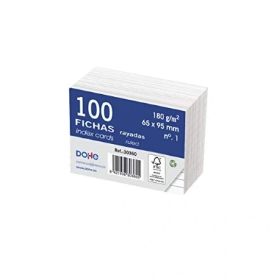 Imagen de Dohe 30360 Pack de 100 fichas rayadas cartulina blanca, 180 g, nº 1, 65 x 95 mm