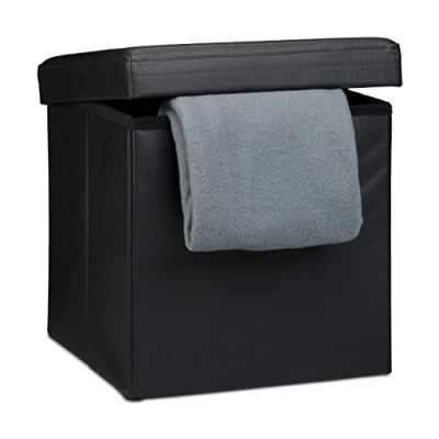 Imagen de Relaxdays Puff Almacenaje Cuadrado con Tapa, Piel Sintética, Negro, 38 x cm