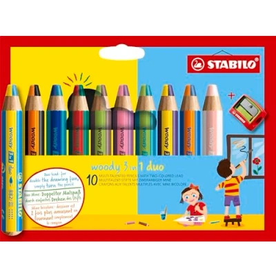 Imagen de STABILO Lápiz de color, cera y acuarela woody 3 en 1 duo Mina bicolor Estuche con 10 unidades (20 colores) sacapuntas