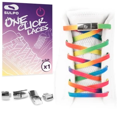 Imagen de SULPO cordones One Click planos sin atar coloridos de cierre rápido elásticos goma para niños y adultos