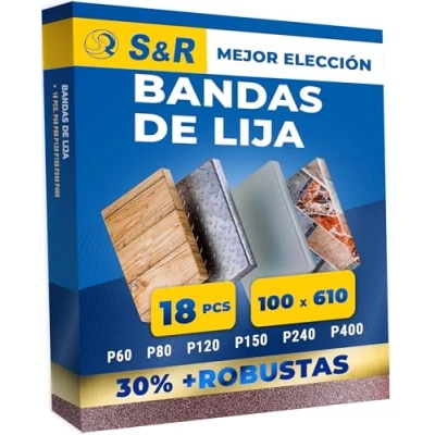 Imagen de S&amp;R bandas de Lija 100 x 610 mm. Juego 18 para lijar Metal y madera 3 granos P60, P80, P120, P150, P240, P400 lijadora banda Bosch Makita Einhell Parkside