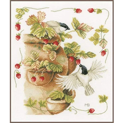 Imagen de LANARTE Zählmusterpackung Vögel beim Erdbeernaschen Zählst Kit de Punto Cruz con diseño Fresas y pájaros (Evenweave), Cotton, Colores Variados, ca. 30 x 33 cm / 12&quot; 13,2&quot;