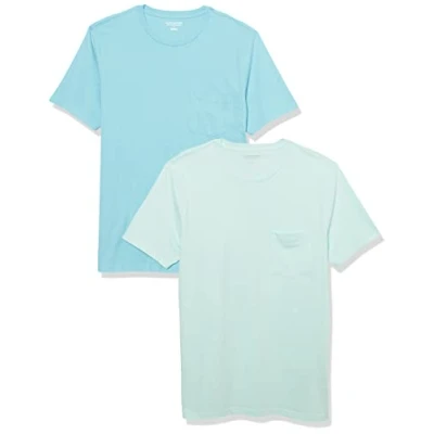 Imagen de Amazon Essentials Camiseta de manga corta con bolsillo, cuello redondo y corte ajustado Hombre, Pack 2, Azul Agua/Azul Claro, XS