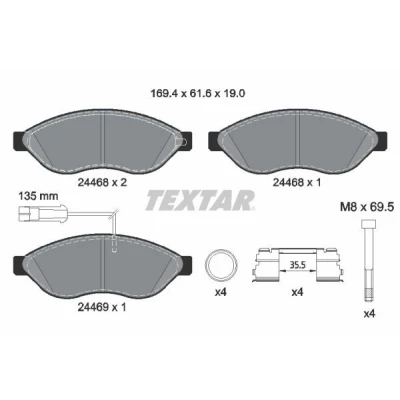 Imagen de TEXTAR 2446807 Juego de pastillas freno con contacto avisador desgaste tornillos pinza accesorios FIAT: Ducato III Furgón