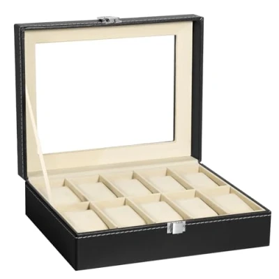 Imagen de Uten Caja de Relojes para 10 Fundas Hombre y Mujer, Forro Terciopelo Hebilla Metal, Alfombrilla Reloj Extraíble, Estuche con Cubierta Cristal, Cuero Sintético Negro