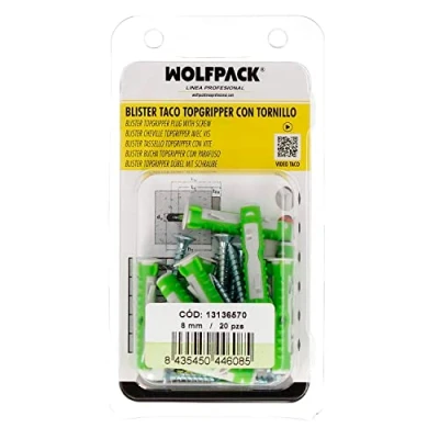 Imagen de WOLFPACK LINEA PROFESIONAL Blister Tacos Topgripper Bimaterial Con Tornillos Ø 8 mm. 20 Piezas Taco Anclaje Universal, Hormigon, Pladur