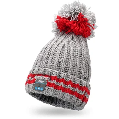 Imagen de August Gorro Bluetooth Mujer Hombre Gris Pompón EPA30 Beanie Telefono 5.0 Auriculares Punto Invierno Altavoz Inalámbrico Running Deportivo Diadema música Lavable