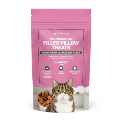 Imagen de by Amazon Chucherías para gatos Bocados crujientes y cremosos, mezcla de pescado con langostinos, salmón trucha, 70 g