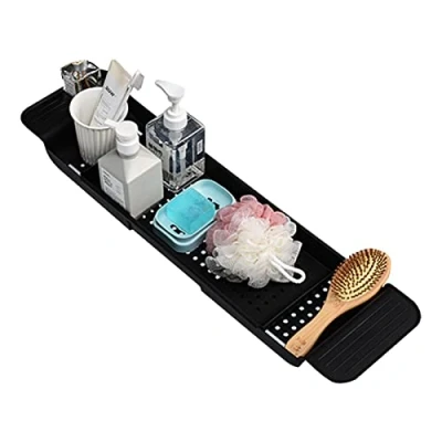 Imagen de Bandeja para Bañera Extensible, Estante de Baño Ajustable, Bañera, Mesa Tabla Organizador Copas Vino, Vela, Libros, Tabletas y Teléfono