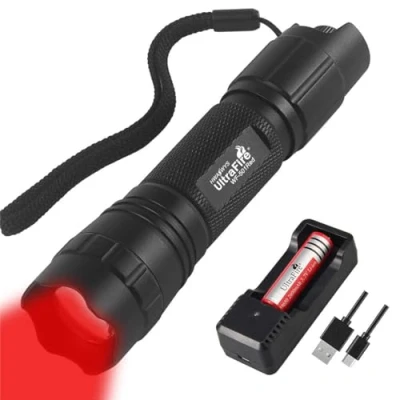 Imagen de Ultrafire Linterna LED Roja 630nm Zoom Caza Luz Atenuación Continua Mini Táctica para Visión Nocturna, con Batería Recargable 3,7V 2600mAh y Cargador, 501R