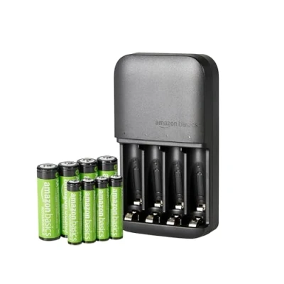 Imagen de Amazon Basics pilas recargables NiMH, con cargador de 4 ranuras, enchufe la UE, Paquete AAA 800mAh + AA 2000mAh, Negro