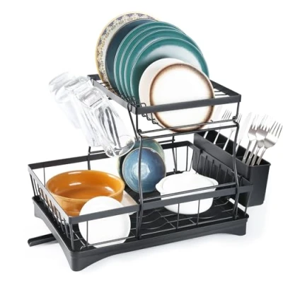 Imagen de UBRAVOO Escurreplatos de Platos Acero Inoxidable para Encimera Cocina, Organizador Cocina 2 Niveles y Estante Almacenamiento con Escurridor Soporte Cubiertos, Grande, Negro