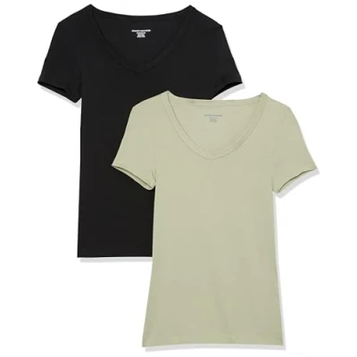 Imagen de Amazon Essentials Camiseta de Cuello en Pico Manga Corta y Ajuste Entallado Mujer, Pack 2, Negro/Verde Salvia, M
