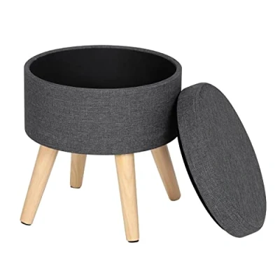 Imagen de WOLTU Taburete Redondo Puff Caja de Almacenamiento Asiento para Dormitorio Tapa Extraíble Lino con Patas Madera Maciza, Gris Oscuro, SH08dgr 1