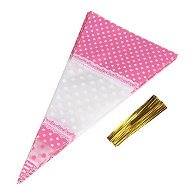 Imagen de Bolsas transparentes de palomitas maíz con forma Cono celofán Triángulo Clear Shaped Treat Bags lazos giro 50Pcs (Rosa)