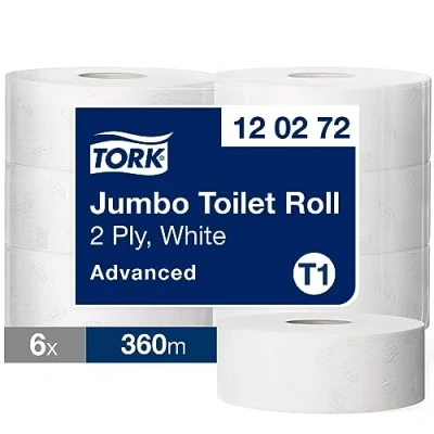 Imagen de Tork 120272 rollos de papel higiénico Jumbo T1 / wc larga duración 2 capas compatible con el sistema T1, 6 x paquete