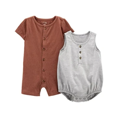 Imagen de Simple Joys by Carter&#039;s Button Rompers, Pack of 2 Mameluco, Gris Rayas/Marrón, 0 3 Meses (Pack de 2) bebés niños