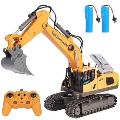 Imagen de Mingfuxin Excavadora Teledirigido para Niños, 2,4 GHz Tractor Teledirigida de Juguete Niños Vehículo Construcción RC 12 Canales Camion con LED y Sonido, 2 Baterías
