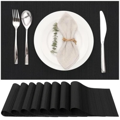 Imagen de Myir JUN Salvamanteles Individuales Juego de 8, Lavables Manteles Plásticos Vinil Esteras, Resistentes al Calor Antideslizante Fácil Limpiar y Impermeable 30x45cm(Negro)