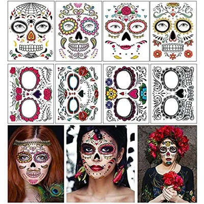 Imagen de Tatuaje temporal de la cara, 8 Kits Tatuajes Sugar Skull Stickers Day of The Dead Makeup, Face Tattoo Rose Design para Halloween, disfraces y fiestas (Pegatinas faciales)