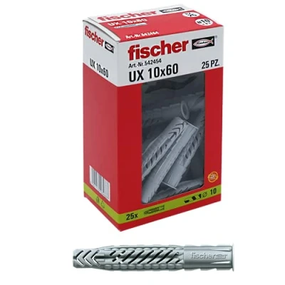 Imagen de fischer 25 Tacos UX 10 x 60 mm para Pared Completa, ladrillo Perforado, cartón Yeso, 542454, Gris, Set Piezas