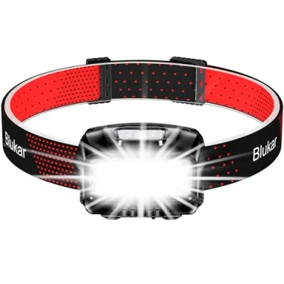 Imagen de Blukar Linterna Frontal Recargable, 2000L Super Brillante Impermeable Cabeza LED Con Sensor de Movimiento y Luces Advertencia Rojas, 8 Modos Luz, Larga Duración