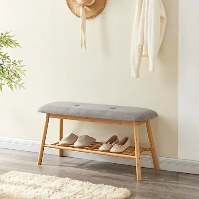 Imagen de [en.casa] Banco Zapatero para Entrada Recibidor Asiento Tapizado Almacenamiento de Calzados 3 Pares Ahorrar Espacio Bambú Tela 45 x 90 30 cm Gris y Color Natural