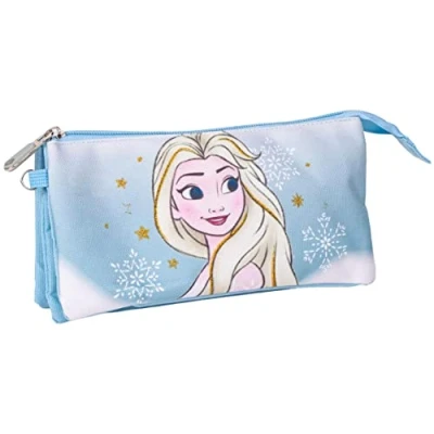 Imagen de Estuche de 3 Compartimentos Frozen Color Azul 22,5x2x11,5 cm Fabricado con 100% Poliéster Cierre Cremallera Estampado Elsa Producto Original Diseñado en España