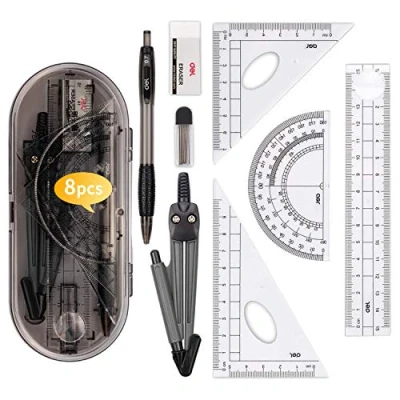Imagen de 8 piezas Set de Geometría,Compas Dibujo Maths Kit para Escuela,Juego compás con Cuadrados y Brújula,Transportador,Regla,Portaminas,Recargas Lápiz,Borrador Estudiantes Profesores