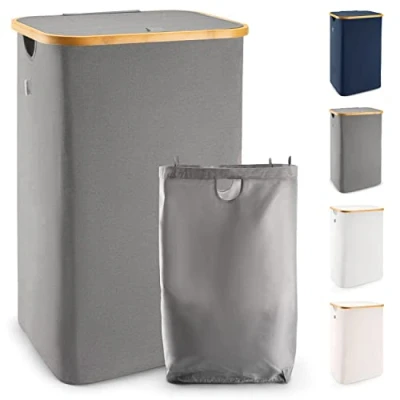 Imagen de Lonbet Cesto Ropa Sucia con Tapa Resistente XL 100 L Cubo grande para Colada de Bambú Cesta Fácil Montar y Plegable Asas Gris