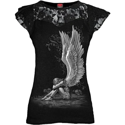 Imagen de Spiral Enslaved Angel Camiseta con Mangas de Casquillo Capas Encaje en los Hombros Negro M