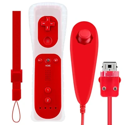 Imagen de OSTENT Control Remoto con Sensor de Movimiento + Nunchuck Cable Combo Compatible Consola Nintendo Wii Color Rojo