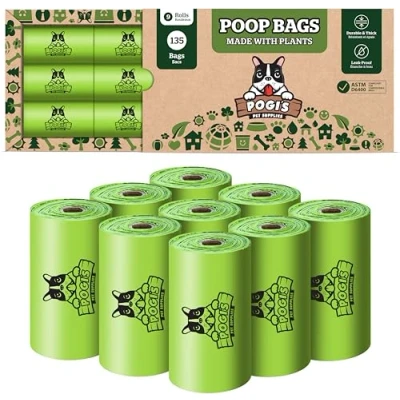 Imagen de Pogi&#039;s Poop Bags Bolsas Compostables para excremento de Perro 9 Rollos (135 Bolsas) Impermeable, Vegetal, Residuos Perros con Certificación ASTM D6400
