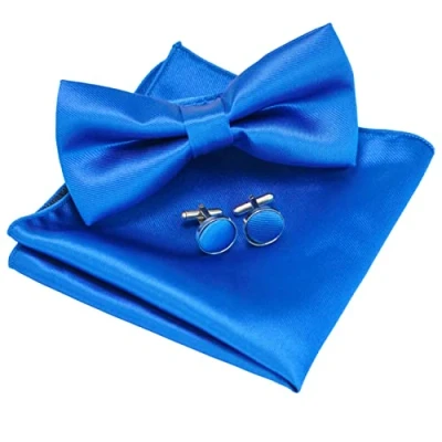 Imagen de JEMYGINS Conjunto de Pajarita y Pañuelo Sólido con Gemelos para Hombre Azul