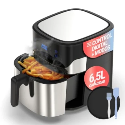 Imagen de UniversalBlue Freidora de Aire 6,5L Negra e Inox, Temporizador, Control Táctil, Pantalla Led, Ideal 5 Personas, Temperatura Regulable 80 200ºC, Temporizador hasta 60 min