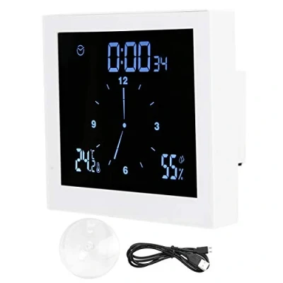 Imagen de Ejoyous Reloj Pared con Termometro, Impermeable IP65 de Ducha Digital LCD ℃ / ℉ Temperatura/Reloj baño función Alarma y Temporizador Cuenta atrás(Blanco)
