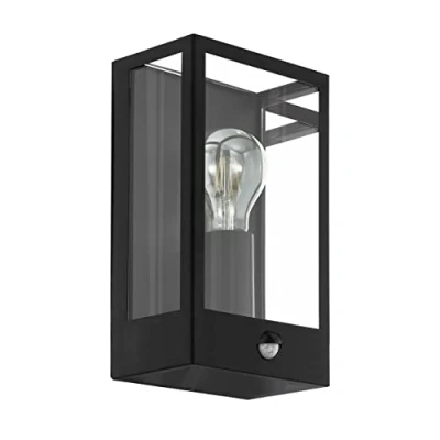 Imagen de Eglo lámpara de pared exterior Alamonte, con detector movimiento, sensor crepuscular, metal en negro, cristal transparente, E27, IP44